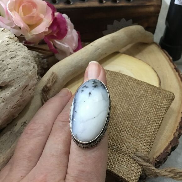 Winter Dendritic Agate Silver Gemstone Statement Ring Size 8 - Picture 5 of 5